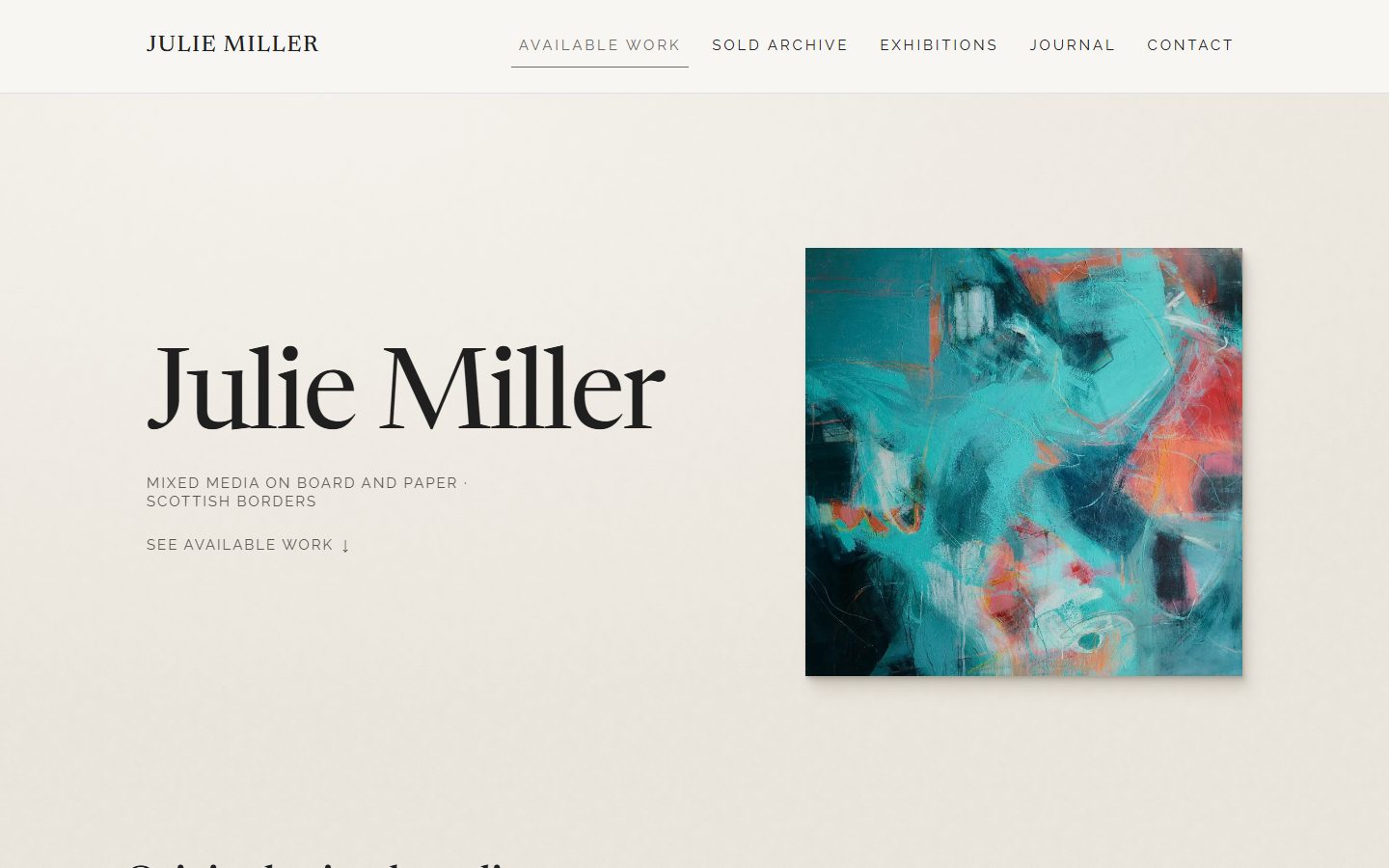 The Julie Miller Art home page: her name set large in a serif face beside a turquoise and coral abstract painting